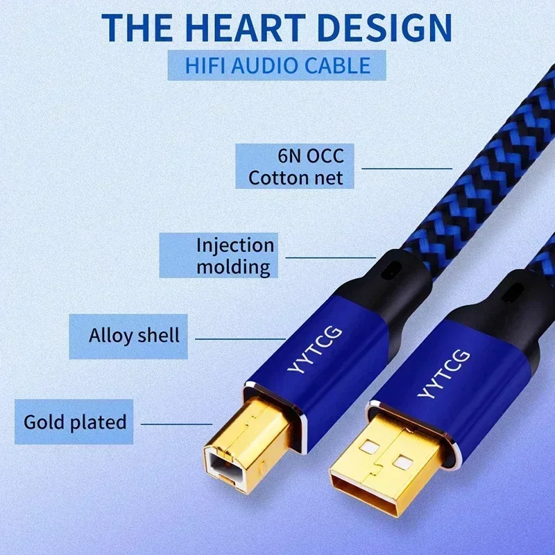Фото Кабели для передачи данных и аудио, Hi-Fi USB-кабель, высококачественный кабель для принтера, Type A-B, 6N OCC, провод для колонок, для декодера, звуковой карты, микшера, синий, 1м, 1.5м, 2м №3