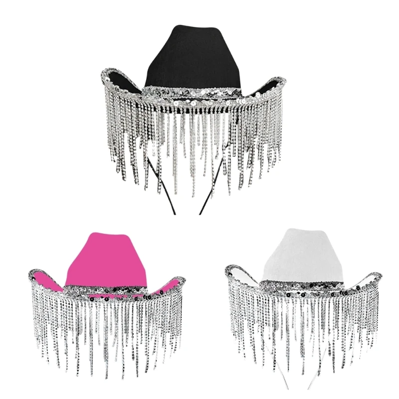 Rhinestones Cowgirl Hats Glitter Cow Girl Hat with Sequins Rhinestones Fringe Adult Size Cowboy Hat for Party 3 Color 28TF