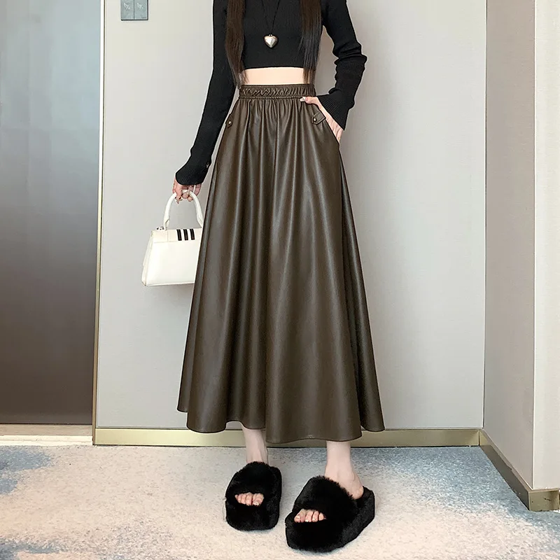 

Винтажная Женская юбка из искусственной кожи, Осень-зима 2023, винтажная однотонная трапециевидная Женская юбка макси из искусственной кожи с карманами и высокой талией