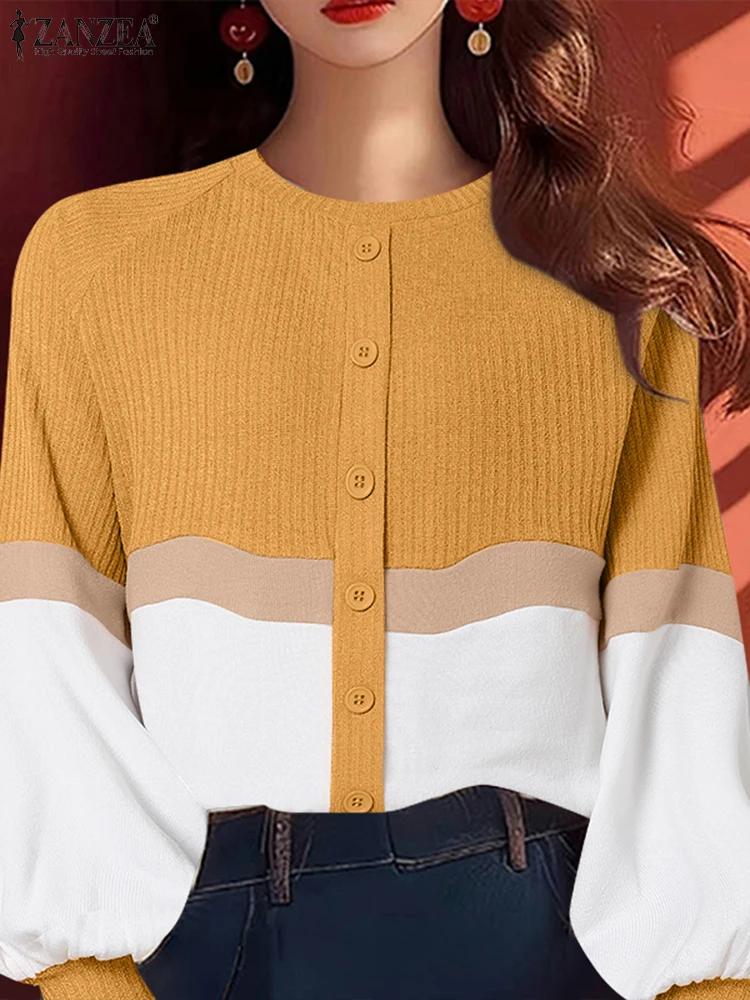 ZANZEA женская вязаная лоскутная блузка модные топы с длинными рукавами и цветными