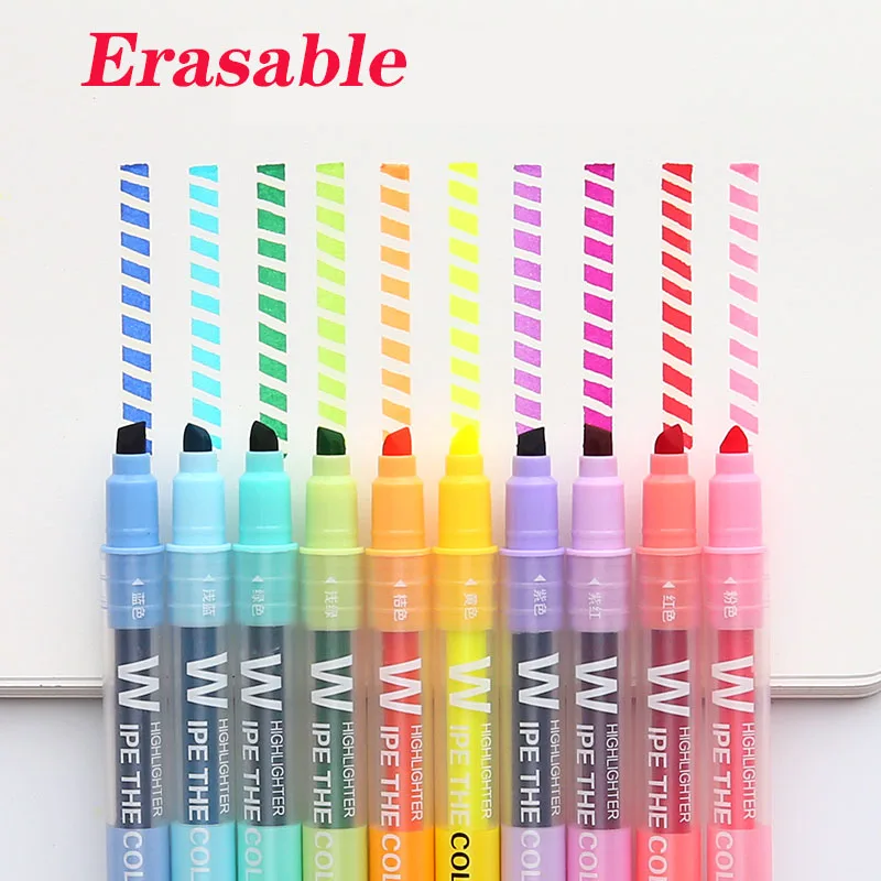 

10 Colors Double Head Erasable Pen Highlighter Markers Chisel Tip Marker Fluorescent School Writing Highlighters Color Cute