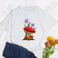 mushroom saffron rose and lily print goth clothing women aesthetics graphic white short sleeve polyester womens t shirt