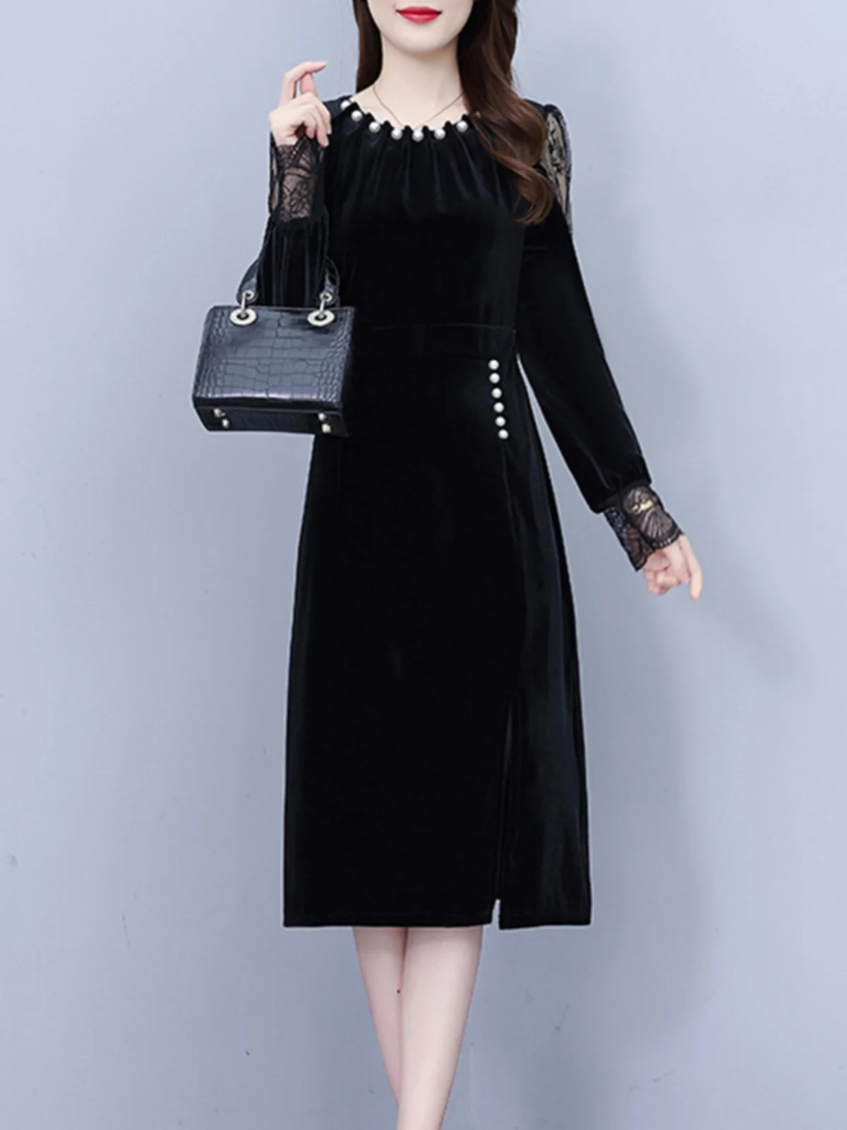 Золотое бархатное платье для всего тела. Женская одежда. Весна и осень-зима 2024.