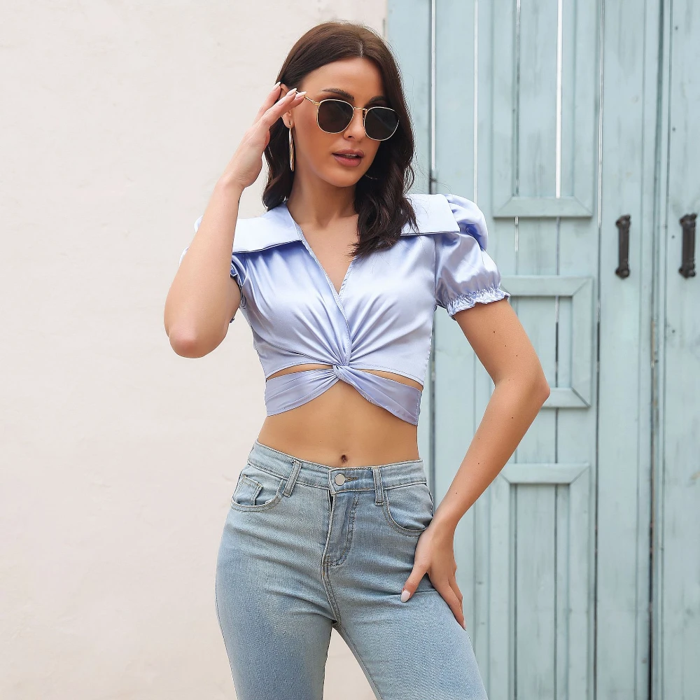 

Elegant Satin Puff Sleeve Knot Blouses Women Silk Doll Collar Tees Cross-tie Bow Female Sexy Shirts Crop Tops Aesthetic Clothes