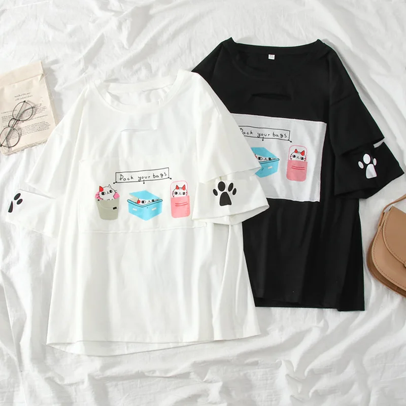 

Кавайная футболка в стиле Харадзюку, Женская Повседневная футболка с коротким рукавом и мультяшным принтом, одежда для студентов, корейски...