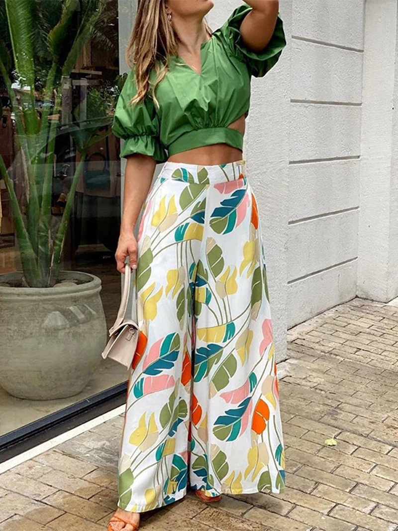 

Two Piece Suit Women Tracksuit Summer Clothes Short Sleeve Hollow Out Shirt Vintage Print Wide Leg Pants Set Fashion 2pcs Outfit
