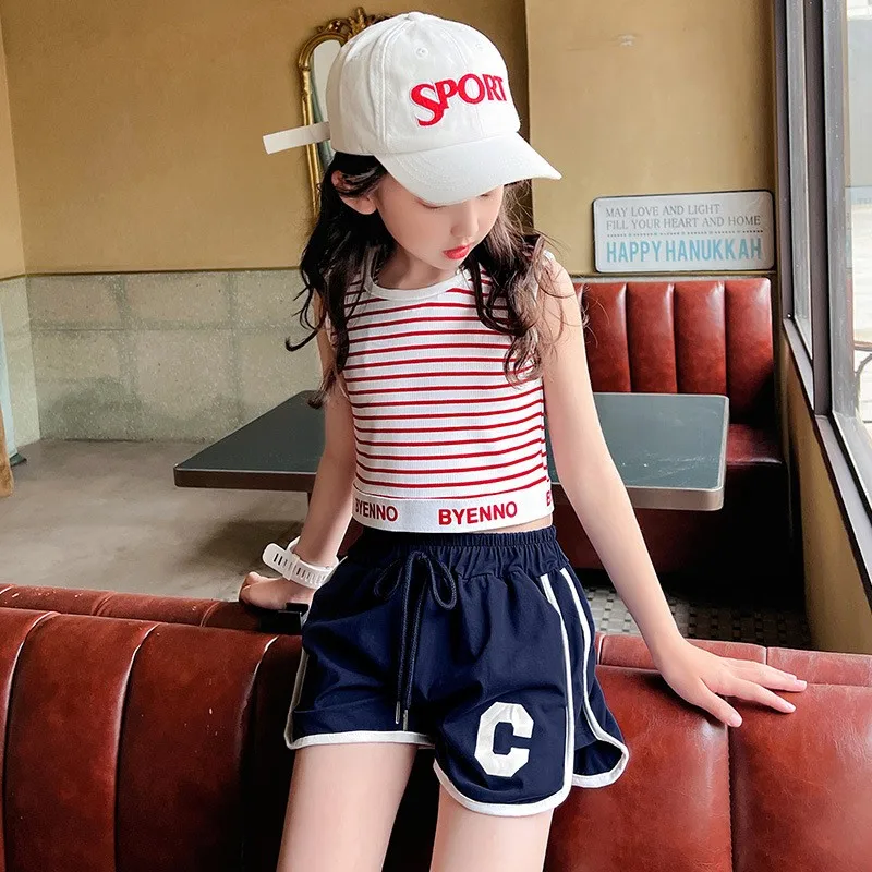 

2023 New Summer Clothes Sets for Girls Striped Vest Tees and Dolphin Sports Shorts Two-piece Set Korean Style Casual Sports Suit