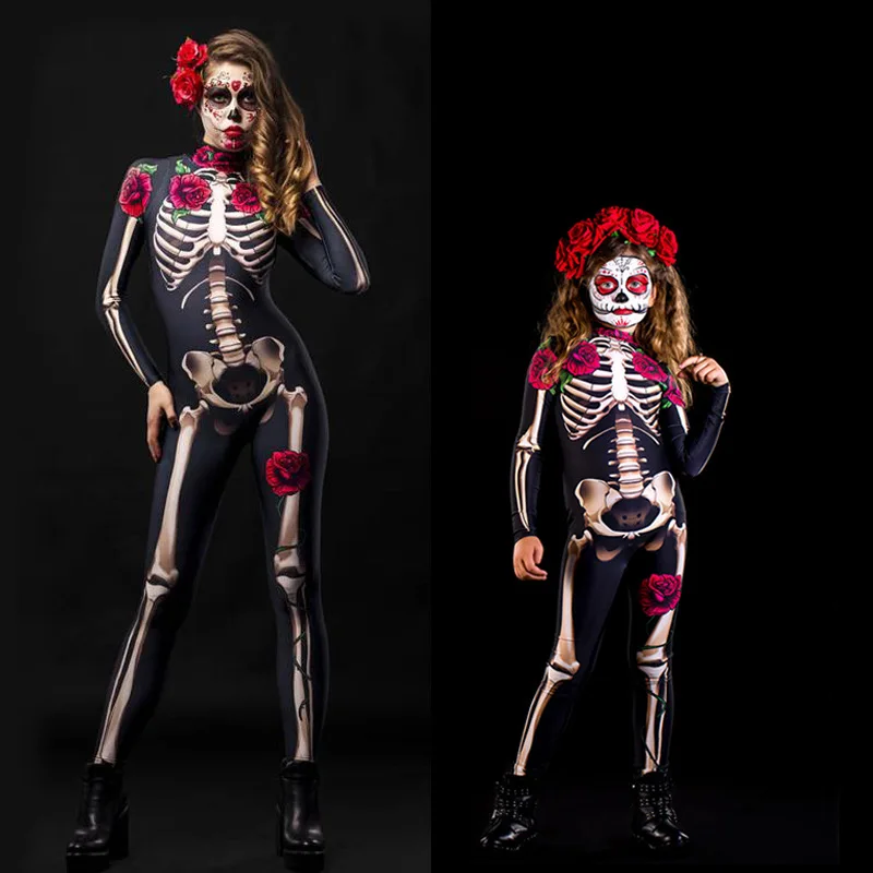 

New Halloween Costume Jumpsuits Women Horror Rose Skull Parent-Child Matching Outfit Jumpsuit Lady Kids Slim Long Sleeve Rompers