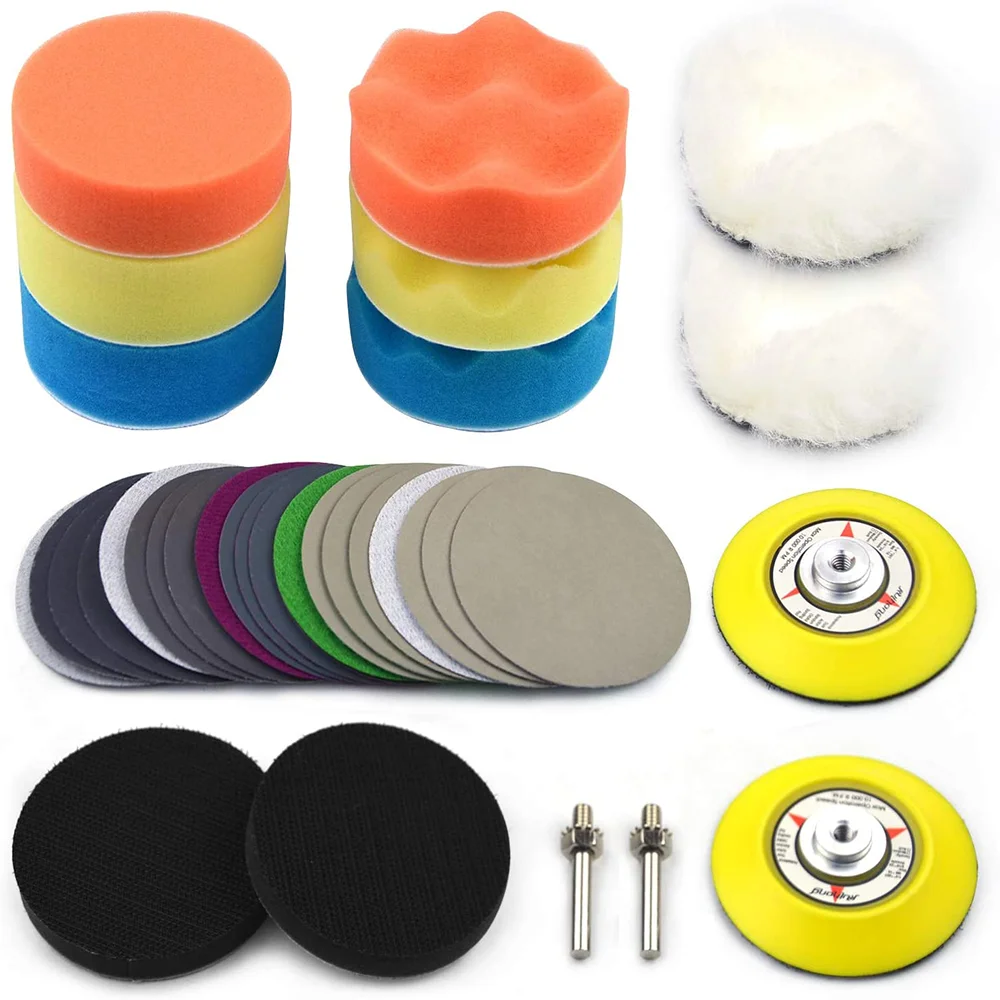 3 Inch Car polishing Sanding Discs Buffing Sponge Pads Kit with 1/4 inch Shank Backing Pad and Soft Interface Pad  Woolen Buffer