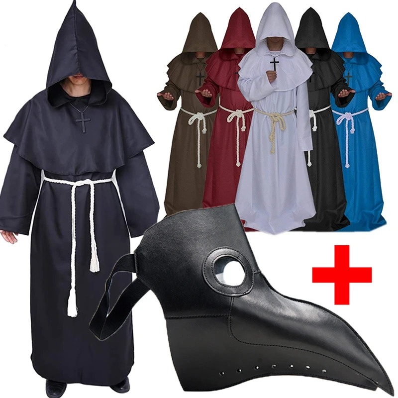

Halloween Medieval Hooded Robe Plague Doctor Cosplay Costume Mask Hat for Men Monk Steampunk Priest Horror Wizard Cloak Cape