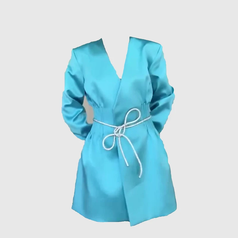 

Spring Korean version of the V-neck diamond chain pleated waist slim blue bell-sleeved satin suit fashion sexytopwomen'sclothing