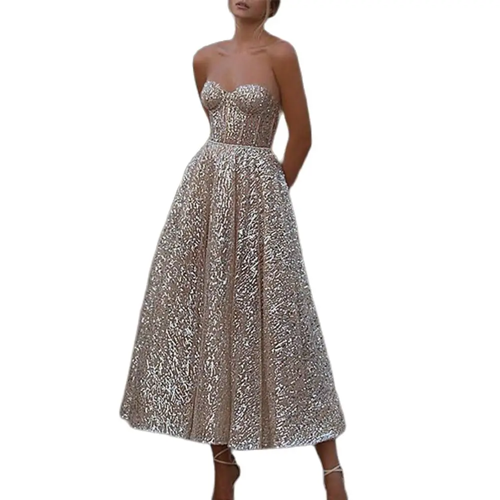 

Sexy Elegant dresses for women Low Cut Pure Color Paillette Design Formal Dress for Evening vestidos elegantes para mujer