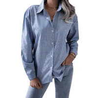 cydnee popular blue shirt women solid long sleeve striped blouse office lady simple all match casual womens tops oversize4xl