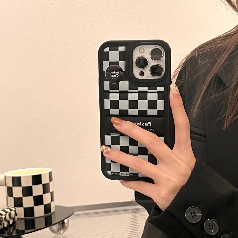 

Luxury Korean Chessboard Down Jacket The Puffer Phone Case For iPhone 13 12 11 Pro Xs Max X Xr 7 8 Puls SE Shockproof Cover