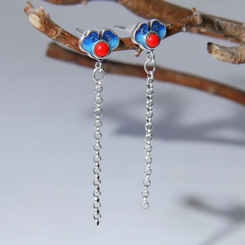 

Ethnic Style Lucky Ear Studs Thai Silver Vintage Epoxy Technology Cloisonne Tassel Eardrop Earring
