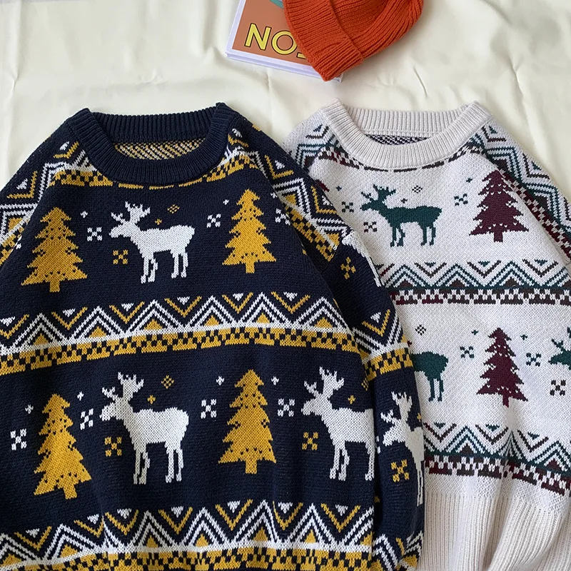

Japanand South Korea retro Harajuku style Christmas elk sweater round neck pullover couple knitted sweater men and women sweater