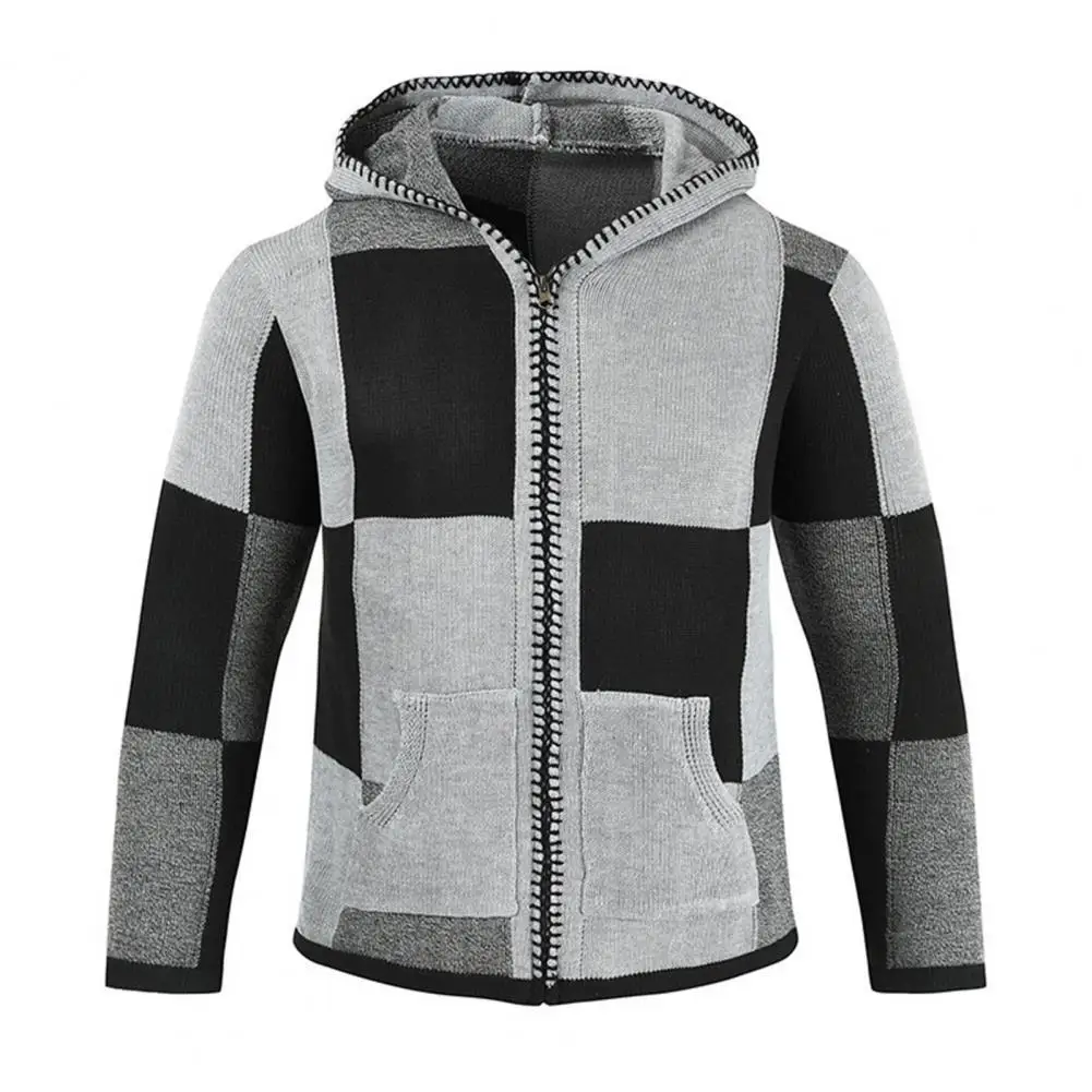 

Men Contrast Colors Coat Patchwork Zipper Hooded Knitted Spring Jacket Elastic Men Sweater Jacket