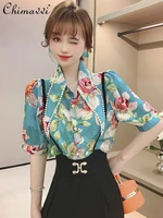summer 2022 new all matching printed pointed collar single breasted top ladies fashion short sleeve bead chiffon shirt female