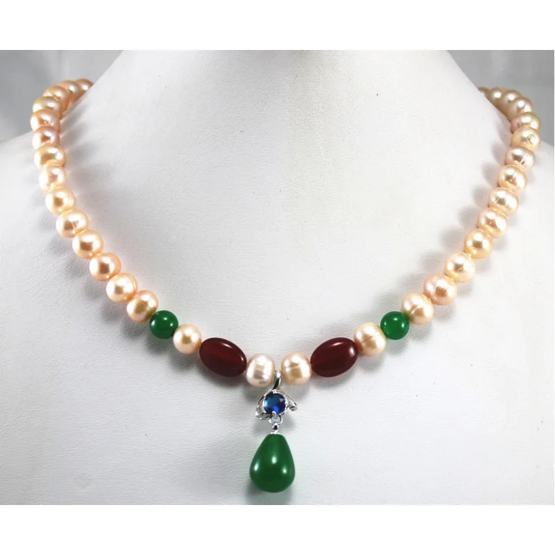 

Wholesale/retail 8mm pink pearl & red necklace green Jade crystal hand