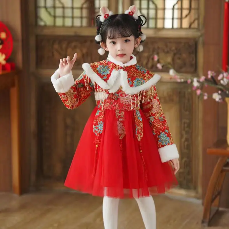 Новая красная китайская Новогодняя одежда женская зимняя ханьфу Детский костюм
