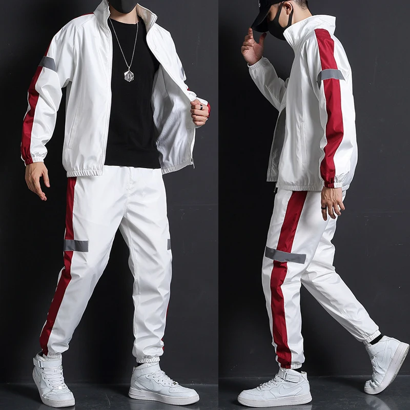 2023 Men Fashion Tracksuit Spring Autumn Reflective Sweatshirt +Sweatpants Tracksuit Set Men New Patchwork Slim Fit Sweat Suits