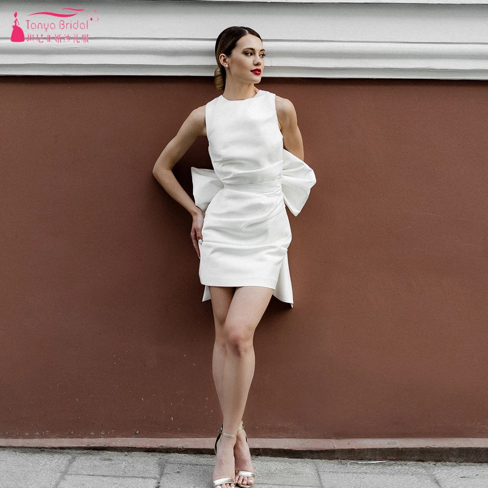 

Short Mini Sheath Wedding Dresses With Big Bow New Fashion O-Neck Bridal Gowns Chic ZW704