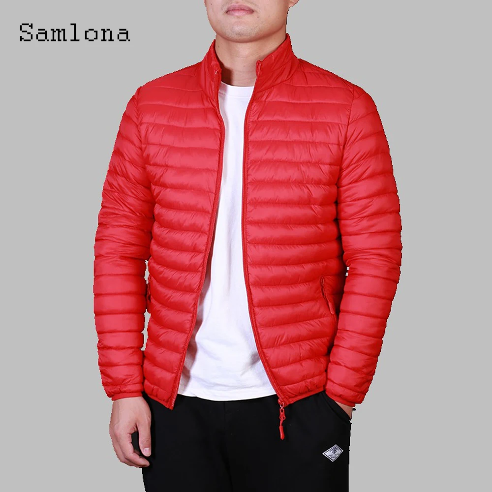 Samlona Men Parkas Jacket Winter Warm Coat Mens Lightweight Jackets Red Black Parka Cotton Coats Male Fashion Tops Outerwear