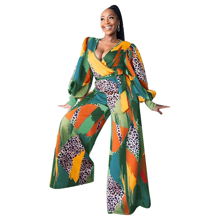 

2022 Spring Autumn African Women Long Sleeve V-neck Printing Plus Size Long Jumpsuit African Clothes Women XL-5XL