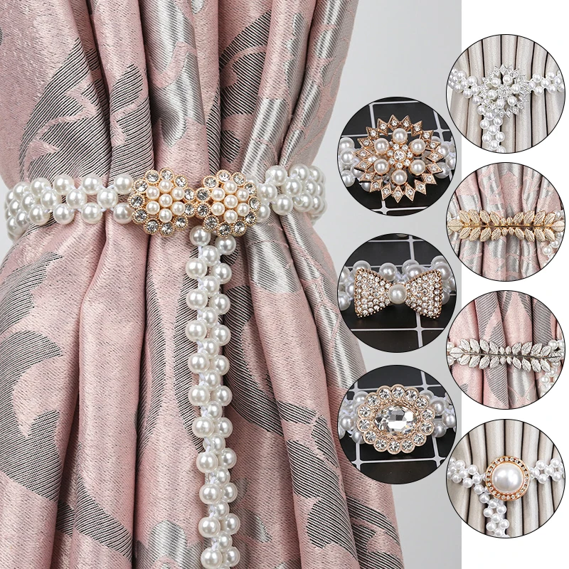 

Elastic Light Luxury Curtain Rope Creative Exquisite Pearl Window Curtains Tie Holder Clips Nordic Style Metal Curtain Rope Tie