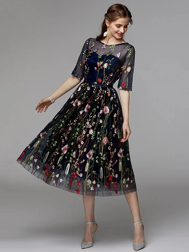 

Новое поступление 2022, черное кружевное коктейльное платье длиной ниже колена с короткими рукавами и вышивкой