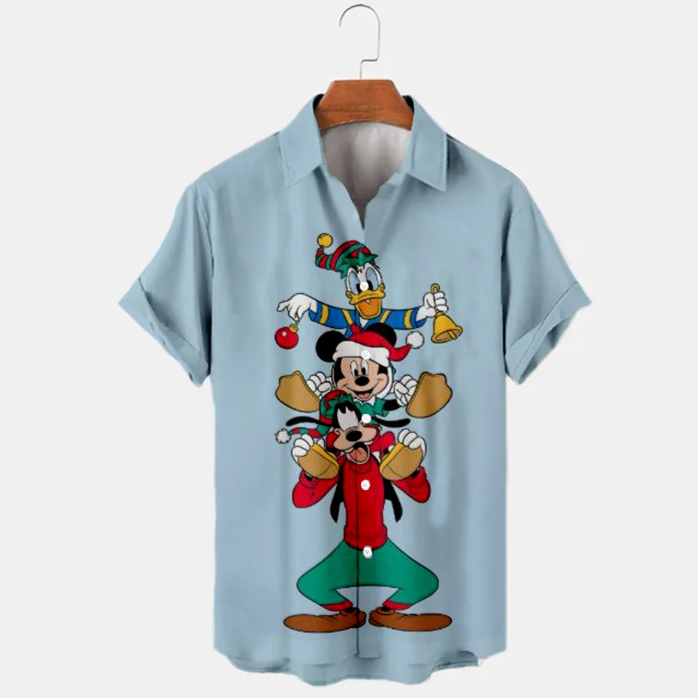 

Мужская рубашка с коротким рукавом, стильная футболка с рождественским узором, с рисунком Диснея, Дональда, утки, ститча и Микки Мауса, с лацканами, в стиле Харадзюку