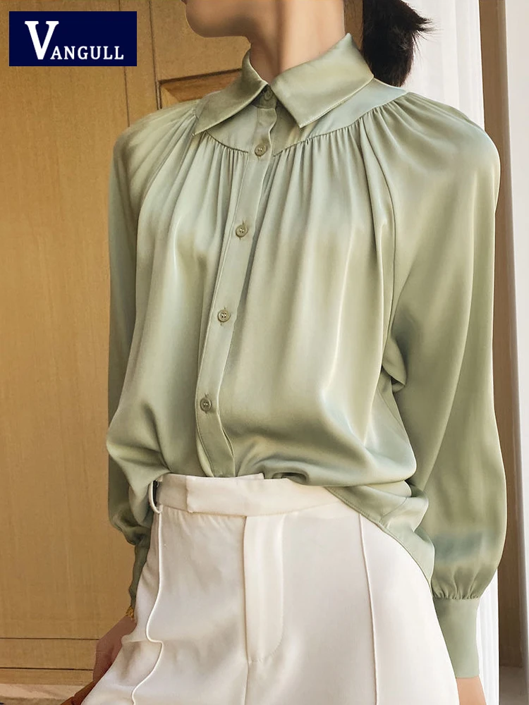 

Vangull France Style Green Shirt Women Turn-down Collar Long Sleeve Satin Blouses Loose Tops Single Breasted Office Ladies Shirt