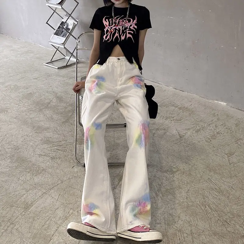 Womens Jeans Tie Dye Trousers White Woman Pants Straight Leg Cowboy Vintage Basics Aesthetic New In Denim Z Loosefit Summer 90s