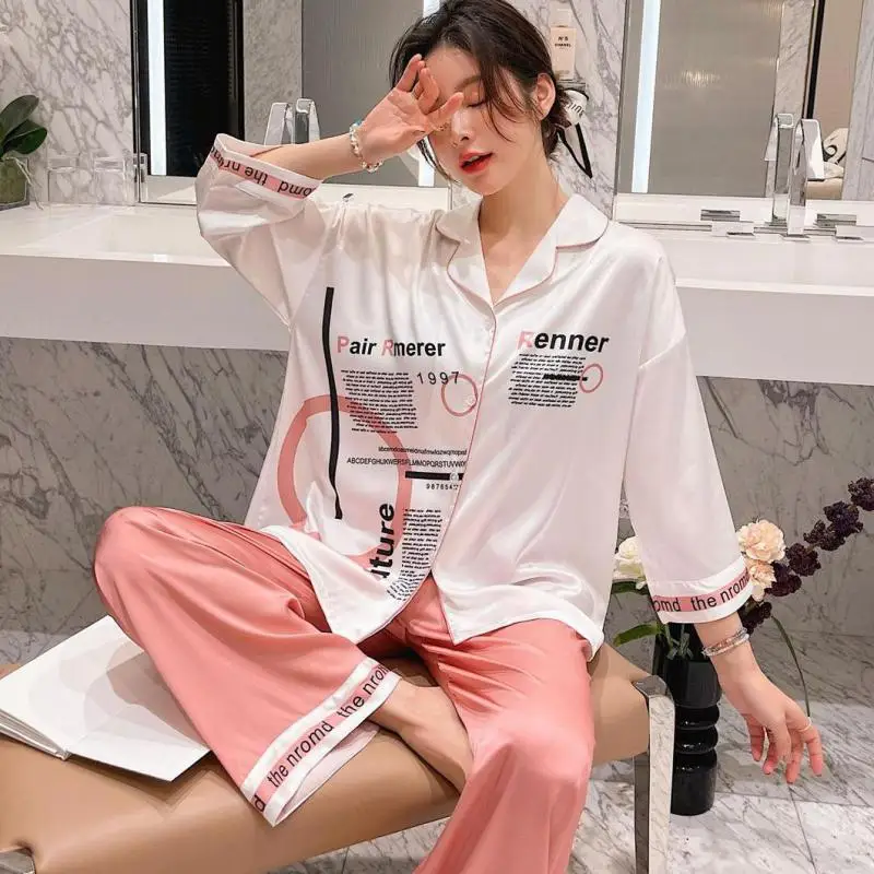

Female 2PCS Pajamas Suit Printed Sleepwear With Buttons Loungewear Satin Shirt&Pants Set Turn-down Collar Nightwear Home Clothes