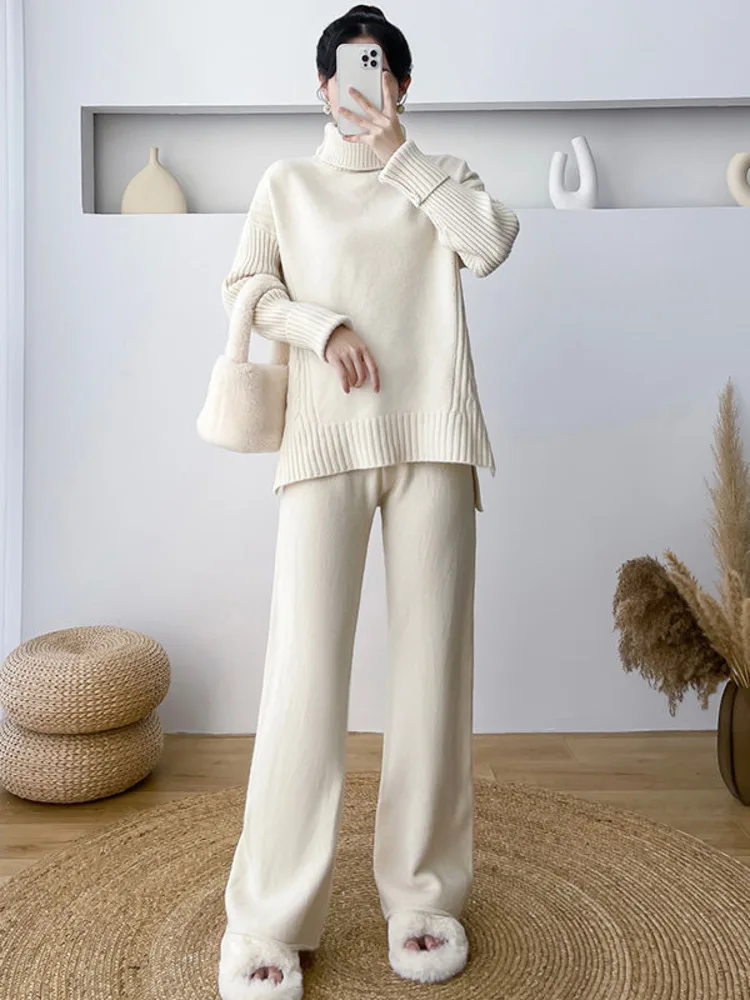 

Fashion Casual Lazy Tracksuit Women Two Piece Set Female High Neck Split Thick Sweater Loose Wide Leg Pants Knitted 2 Piece Sets