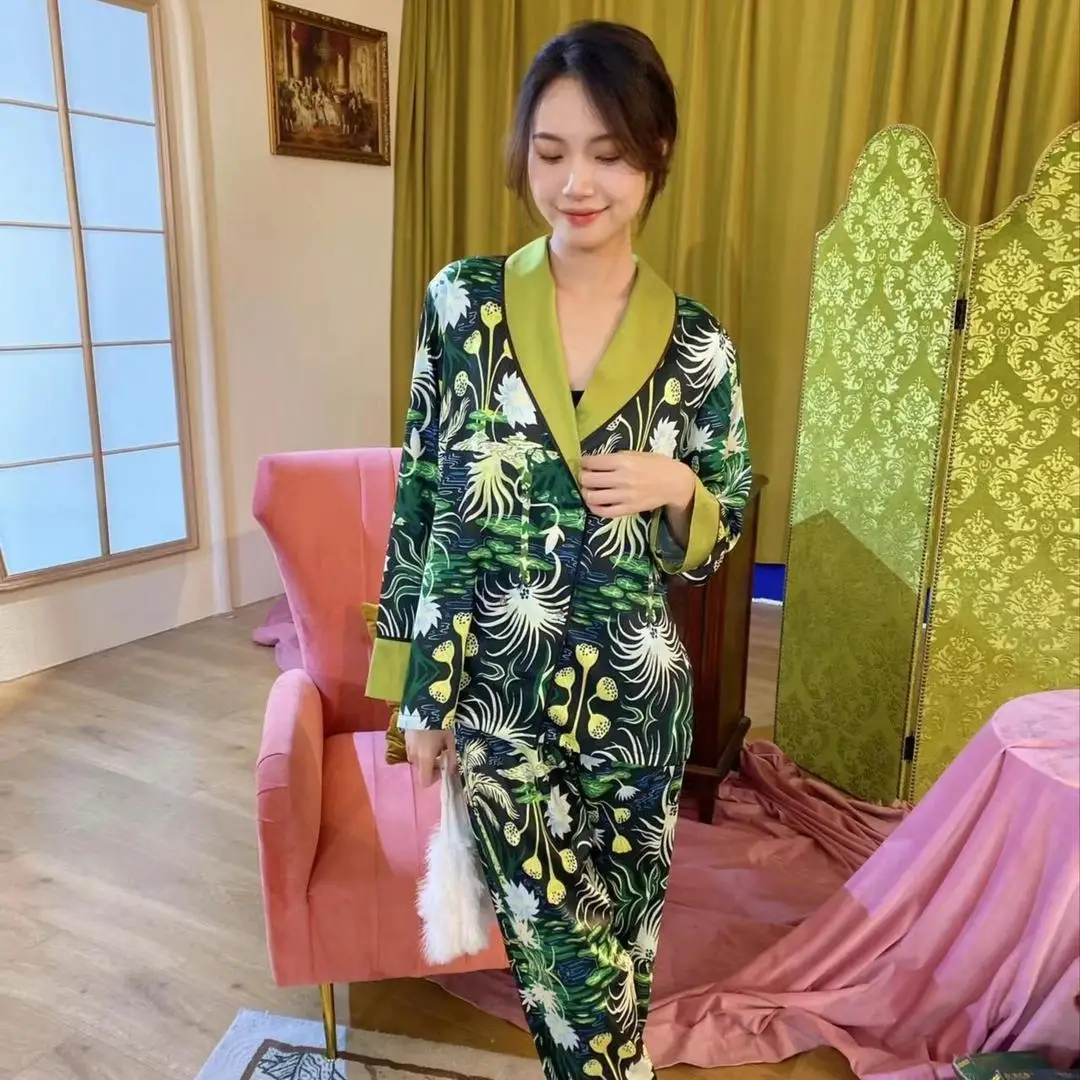 Women Pajamas Turndown Collar Pocket Long Sleeve Casual Pants 2 Piece Sleepwear Female Home Suit Sets Nightwear