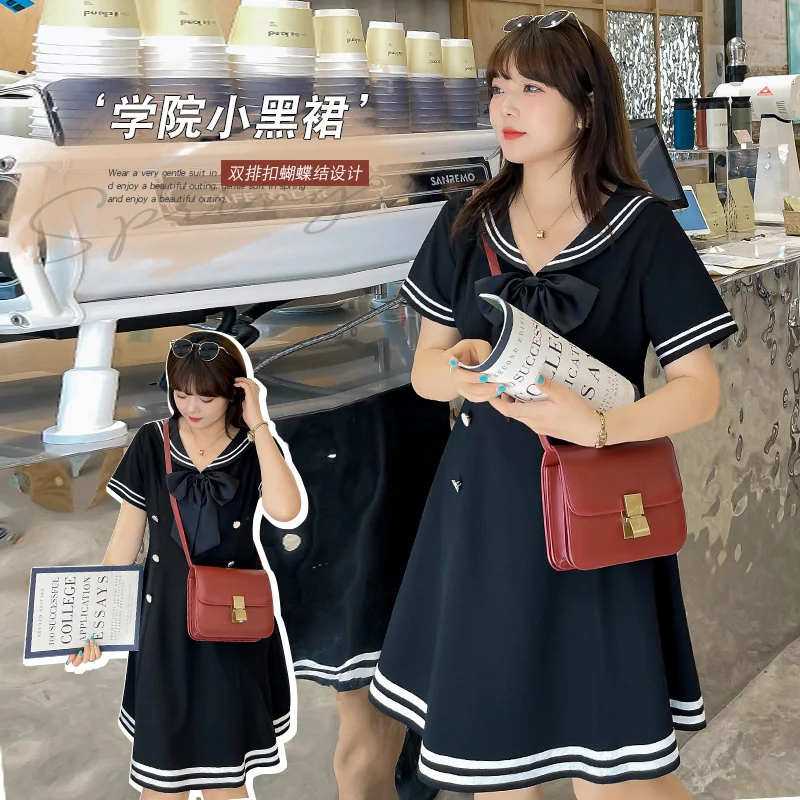 

Xl-5xl размера плюс, Xuanchen, слегка большое, толстое, мм, Корейская версия, стиль колледжа, темно-синий воротник, летнее платье, женская юбка, A286