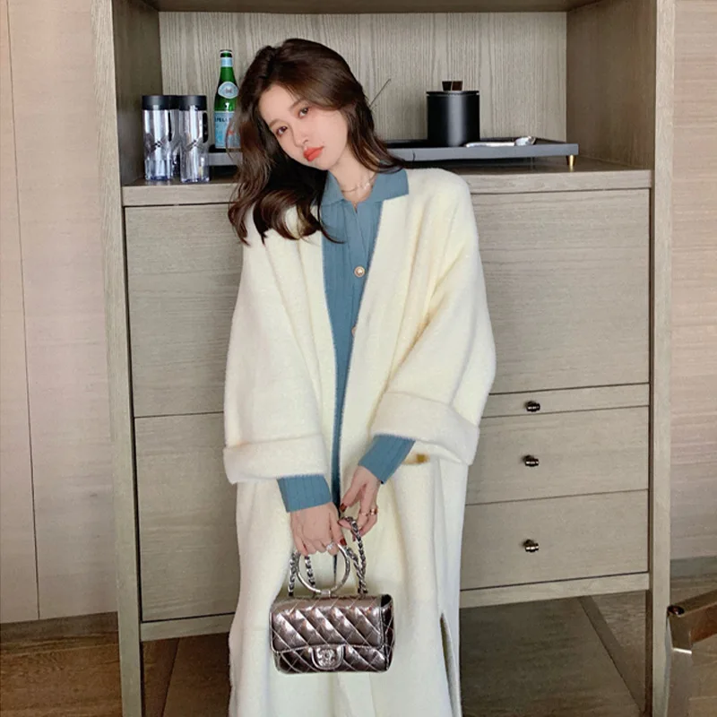 

Женский длинный кардиган из искусственной норки, повседневный свободный утепленный свитер большого размера, осень 2022