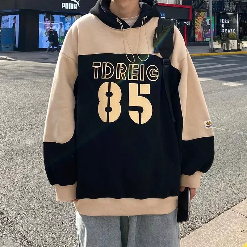 

New2022 winter stitching contrast sweatshirt men's Hong Kong style loose handsome velvet jacket unisex casual sports letter