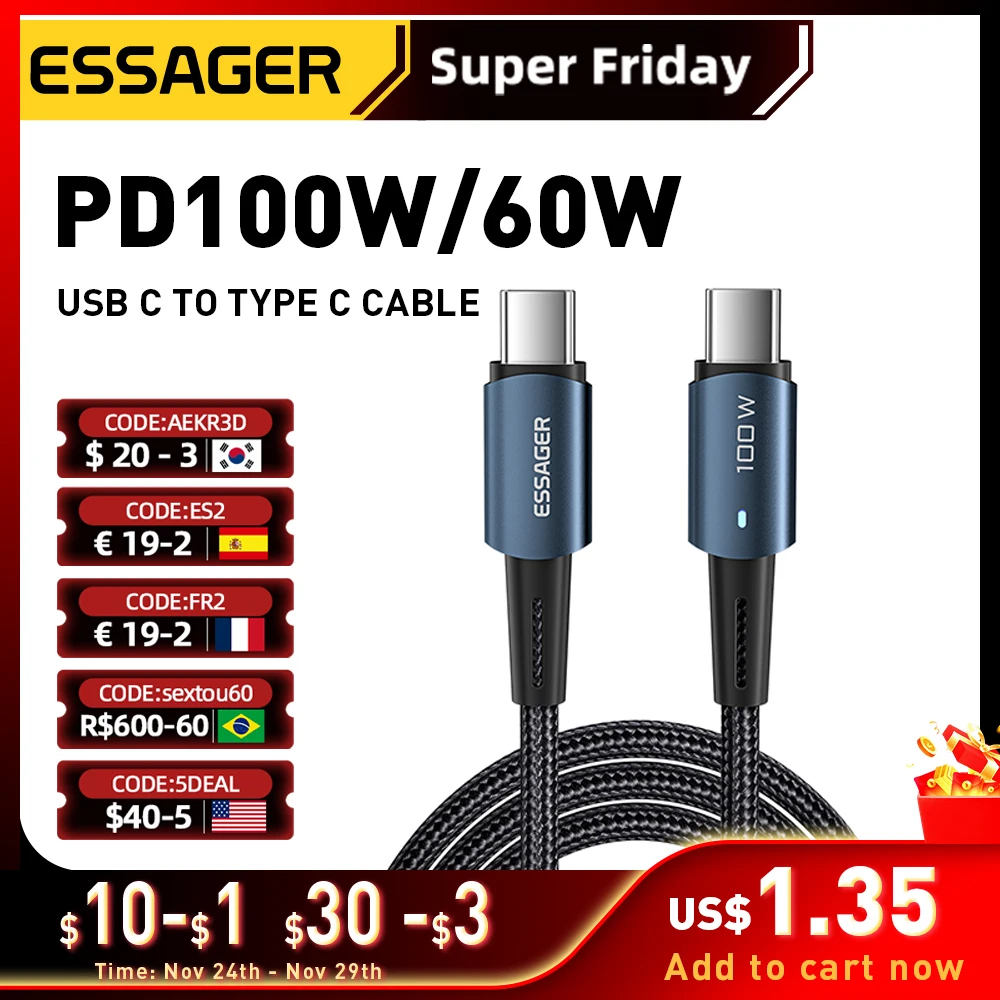 Essager USB C To Type C Cable PD100W 60W Fast Charge Cord For Xiaomi 12 Redmi Huawei Mobile CellPhone iPad Macbook Charging Wire