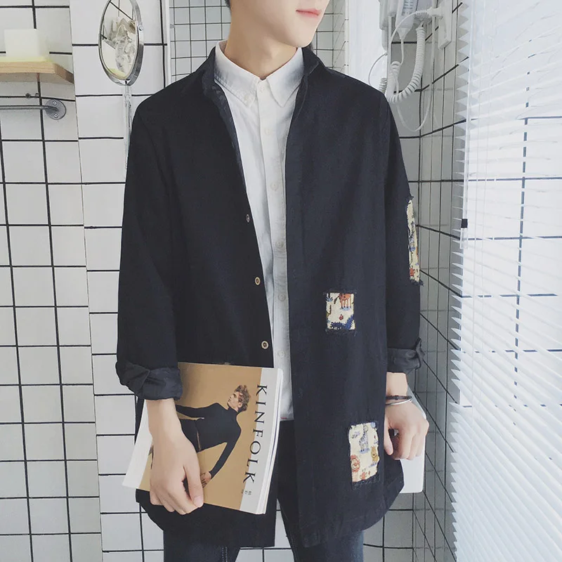 

Men's Work Clothing Soft Shirts Fashion Coat Long Sleeve Slim Fit Jackets Business Retro Holes Patch Black/greyShirts M-2XL