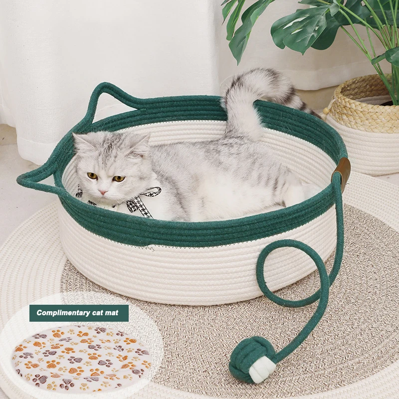 

Мягкая и удобная хлопковая веревка для кошек, домик для домашних животных ручной работы с корзиной для хранения, подходит для всех сезонов, идеальный коврик для кошек