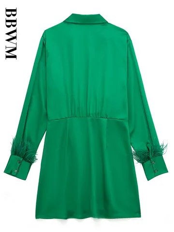 2022 Women Solid Feather Decoration Mini Dress Autumn Vintage Long Sleeve Chic Female Turn-down Collar A-Line Dresses Vestidos