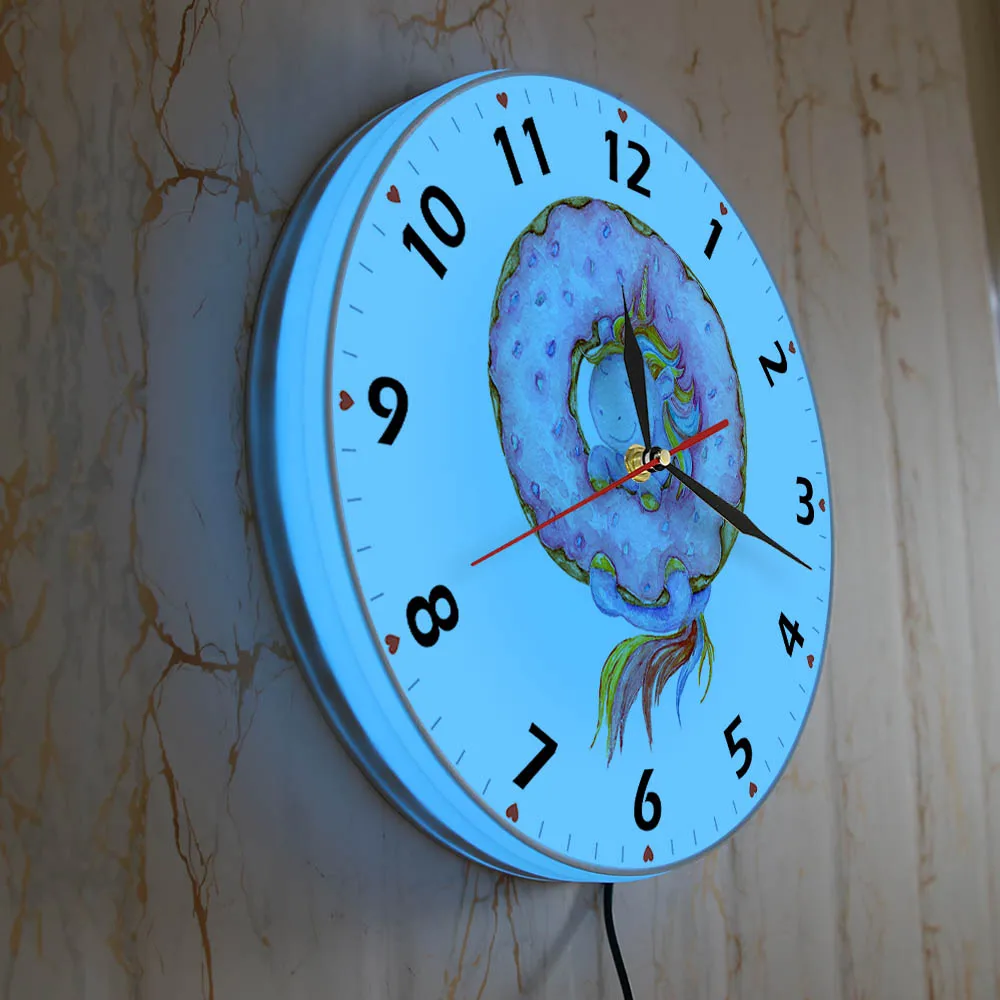 Светящиеся Настенные часы с единорогом и пончиком для девочек домашний декор в