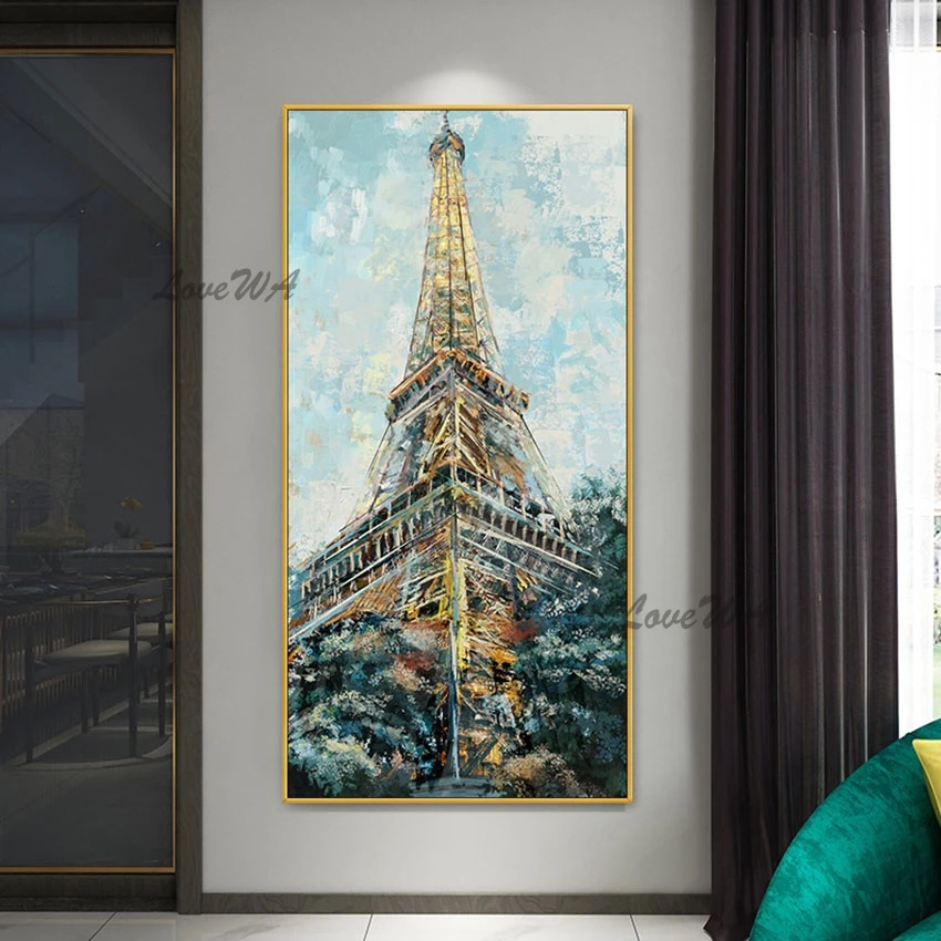 

High Quality Eiffel Tower Contemporary Handmade Abstract Oil Painting Framless Home Decoration Piece Wall Art For Restaurant