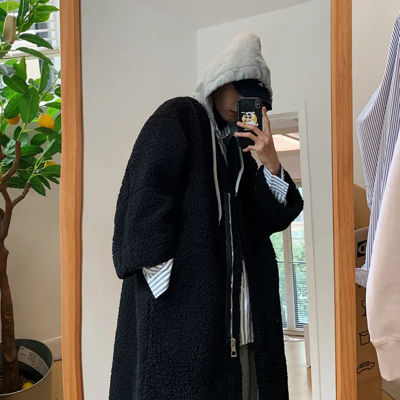 Winter Jacket Men Warm Fashion Retro Thicken Lamb Wool Jacket Men Streetwear Korean Loose Thick Long Hooded Coat Mens Overcoat