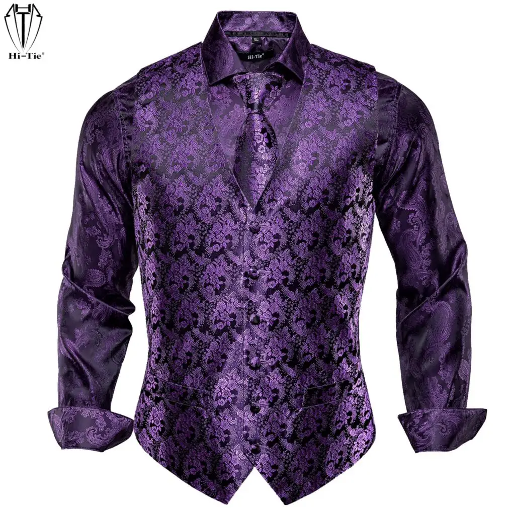Привет-галстук Шелковый мужской s жилет рубашки набор жаккардовый фиолетовый жилет рубашка галстук платок запонки для мужчин свадебный биз...