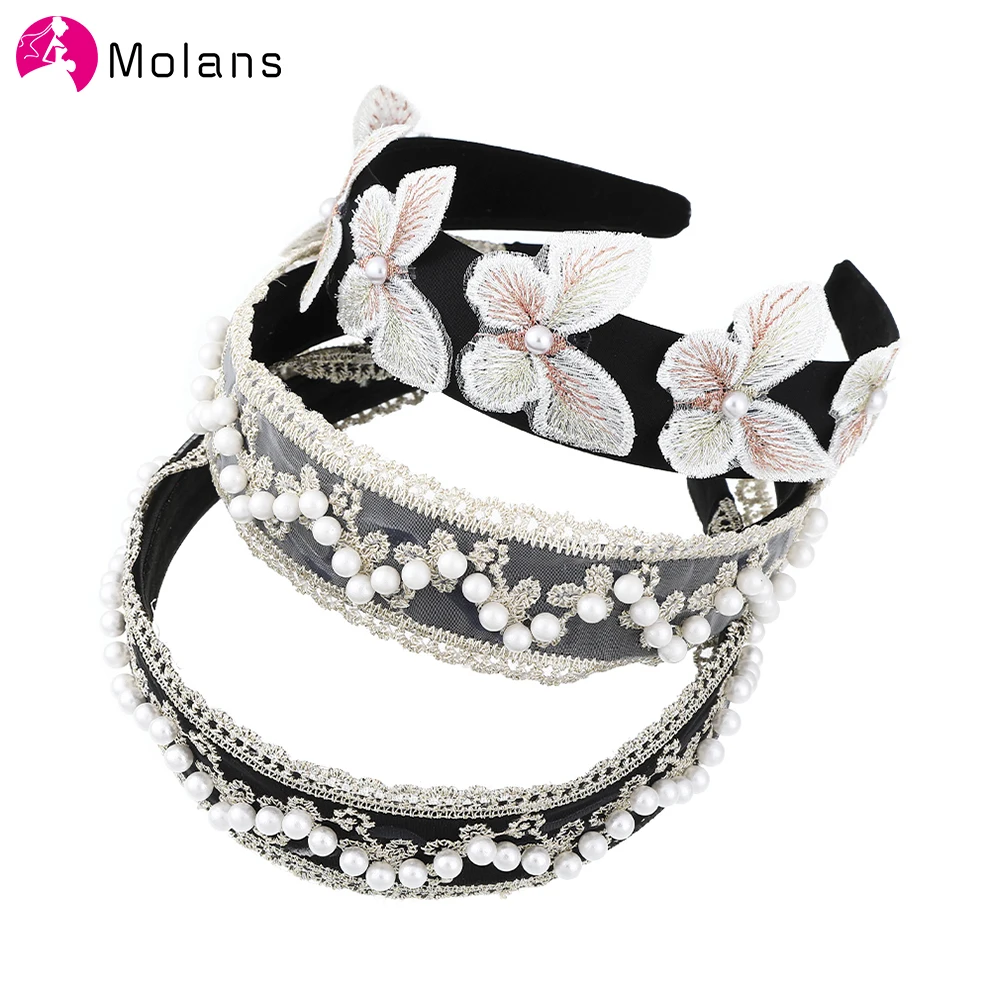 

Molans Pearl Flowers Headband For Women Handmade Lace hairband Bezel Fashion Girls Headwear Hair Accessories