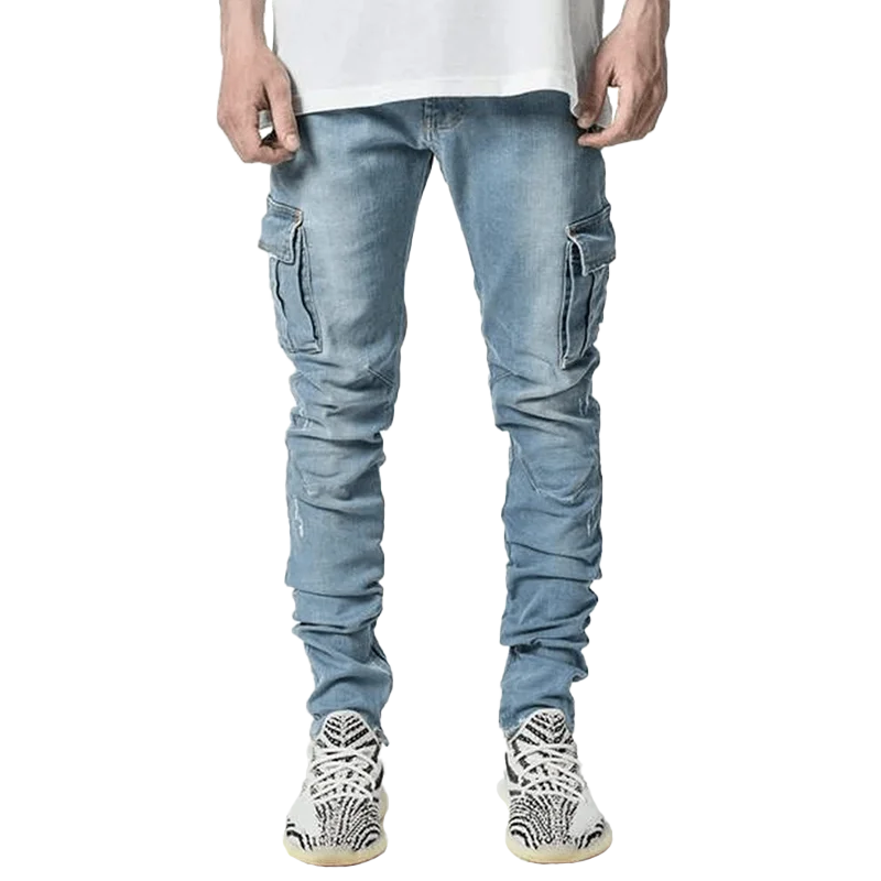 Jeans Men Blue Cargo Pants Multi Pockets Denim Pantalones Black Slim Fit Overalls Hombre Fashion Casual Streetwear Trousers 3XL