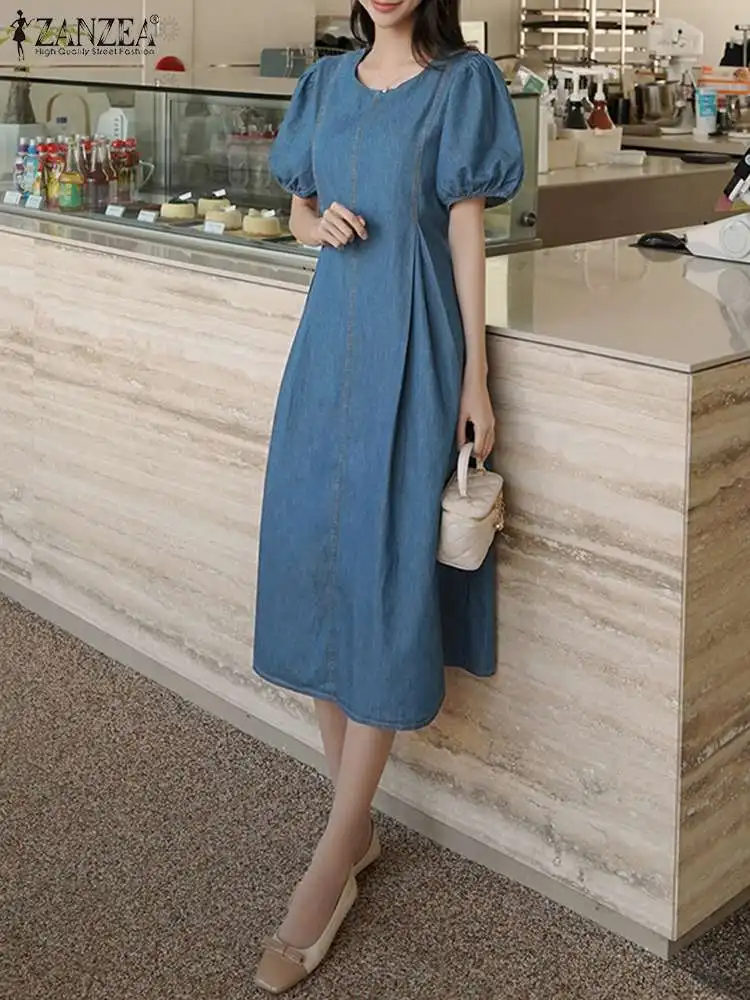 

Женское платье ZANZEA, модный летний сарафан, модное джинсовое платье с круглым вырезом и пышными рукавами, праздничные платья, рабочие Сарафаны
